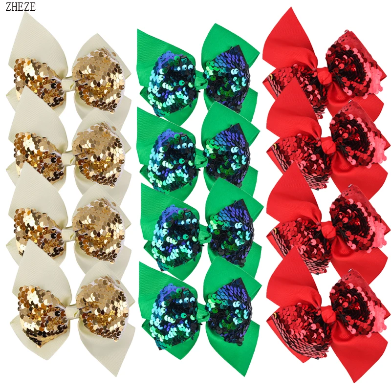 

2Pcs/Lot Reversible Sequins Bowknot Hairpins 4.5" Grosgrain Ribbon Bow With/Without Alligator Clips Girls Barrettes Accessories