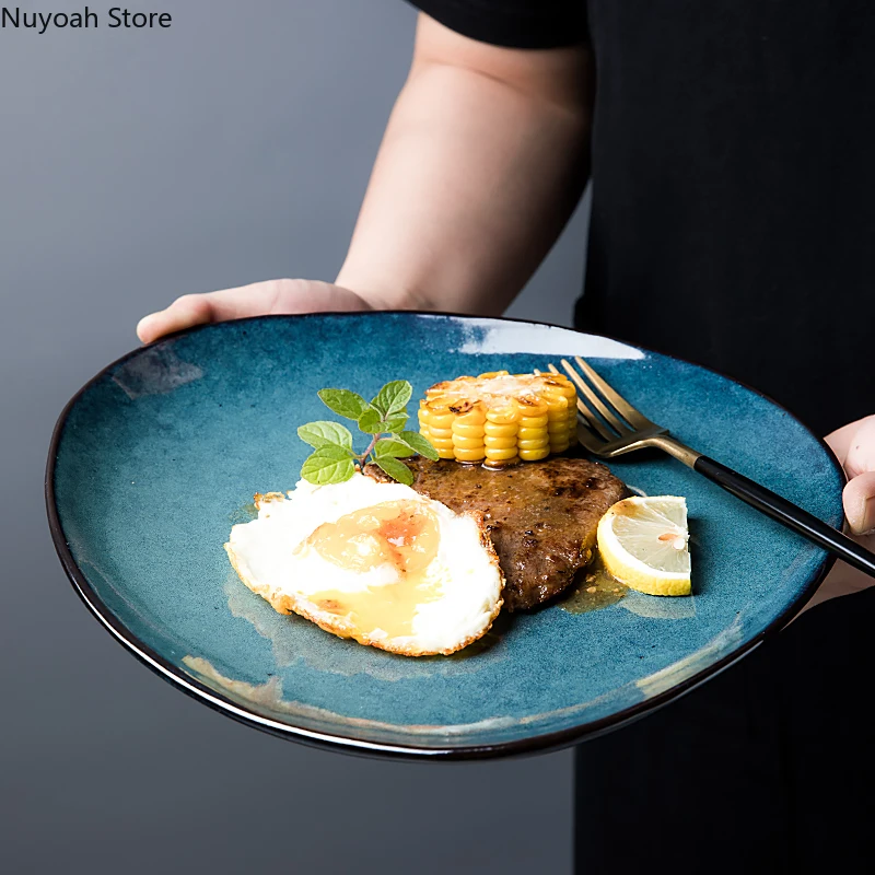 

European Style Retro Irregular Plate Household 11-inch Ceramic Shaped Steak Plate Tableware Table Decoration Plate Kitchen