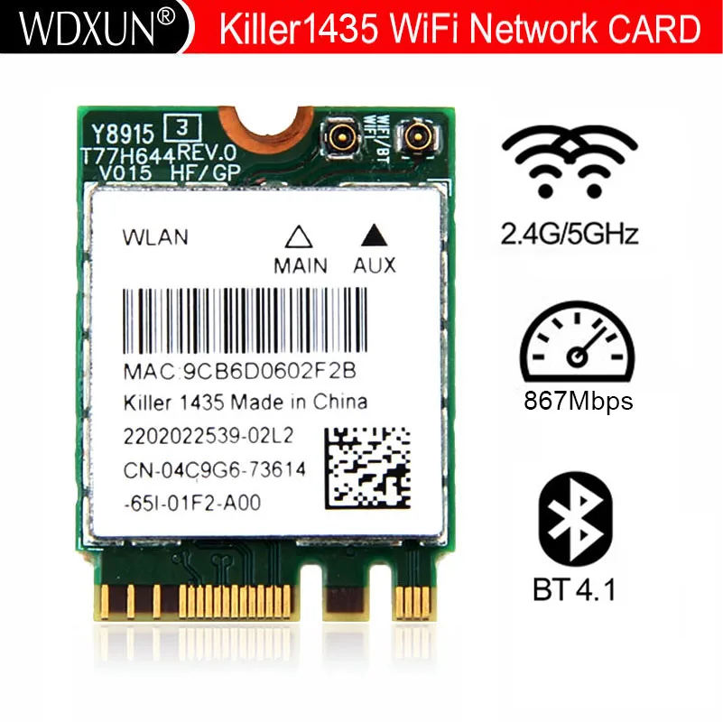 Tarjeta de red inalámbrica de doble banda, matheros QCNFA344A Killer 1435 802.11ac 867Mbps, Wifi, Bluetooth 4,1 M.2, mejor BCM94352Z