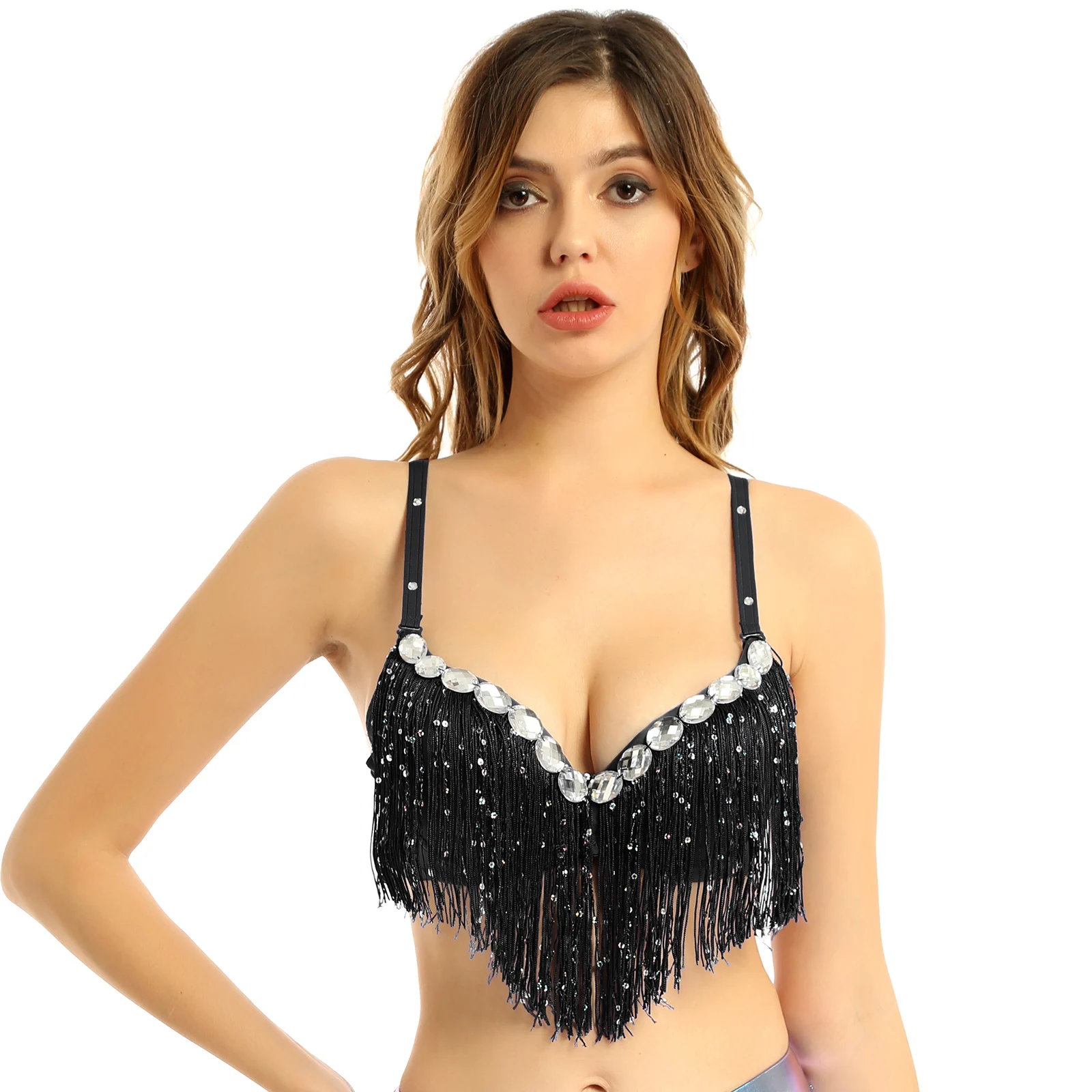 Women's Sequins Tassel Rhinestone Brassiere, Latin Dance Bra Tops, Dancewear, Push-Up Bras, Performance Costume, Party Clubwear