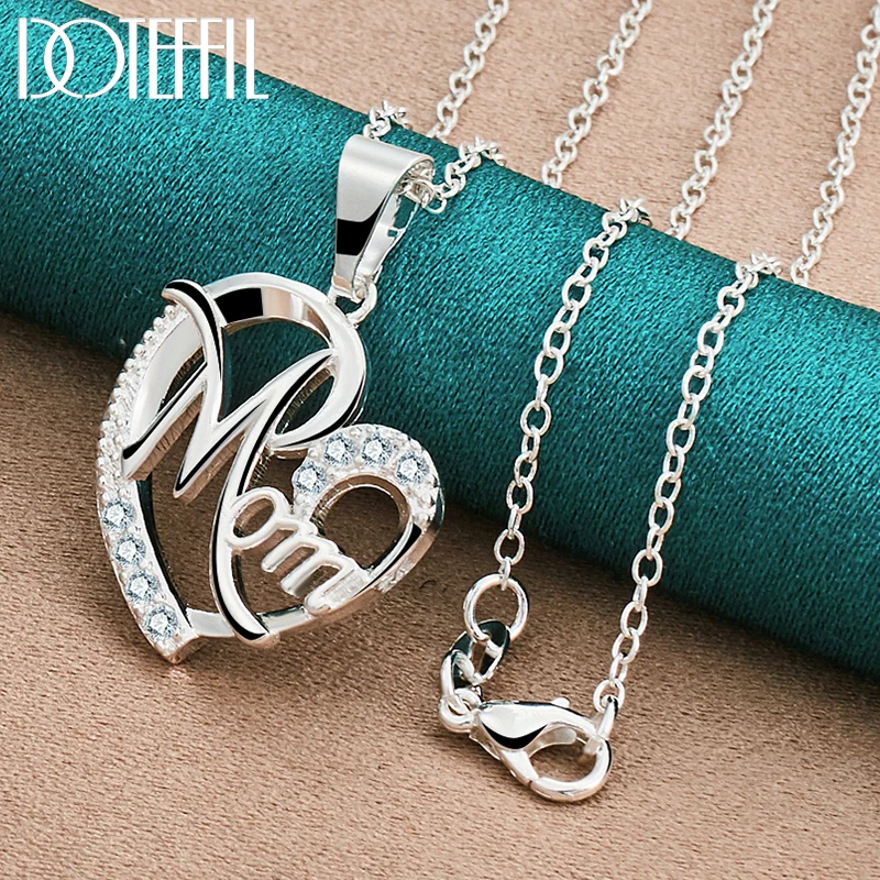 DOTEFFIL 925 Sterling Silver 18-30 Inch Chain AAA Zircon Mom Heart Pendant Necklace For Woman Wedding Party Charm Jewelry