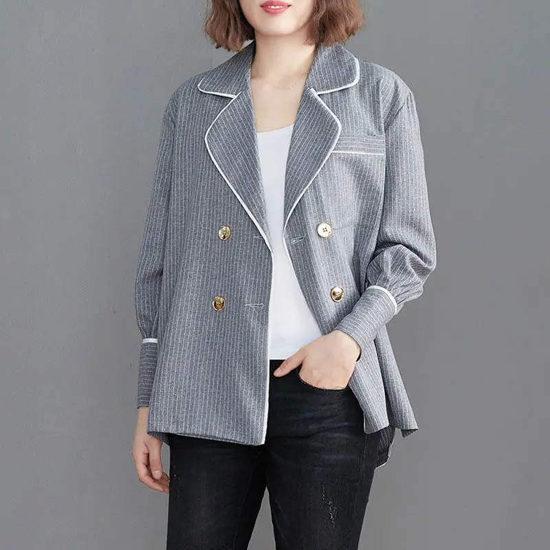 Blazer Jackets Womens Spring Autumn Coats 2022 New Loose Retro Double-breasted Lady Casual Striped Suit Jacket aq593