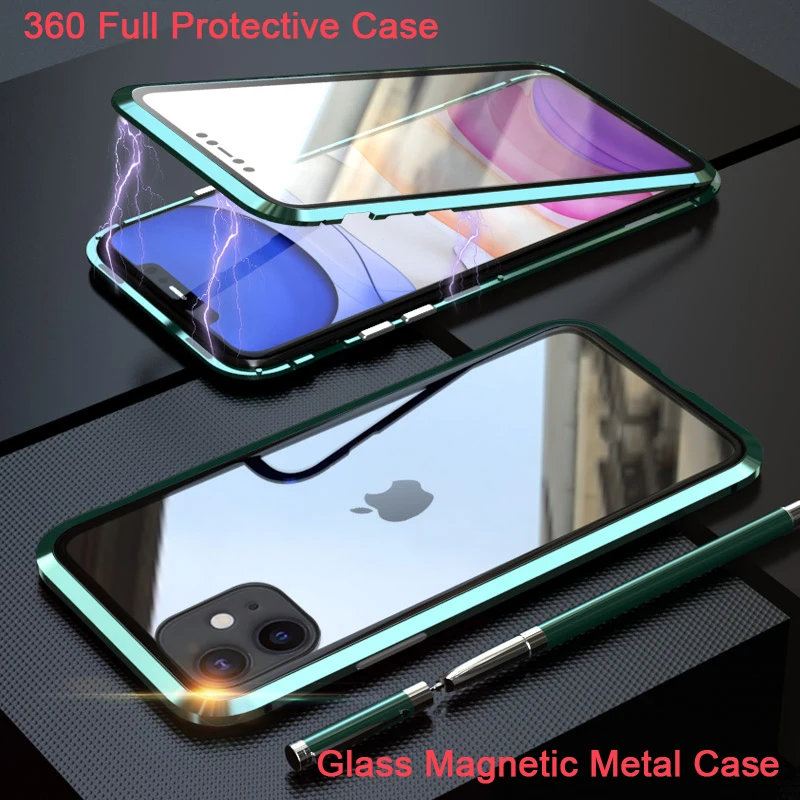 Metallo magnetico per iPhone 12 Pro 13 11 Xr Xs Max Mini 8 7 Plus SE custodia per telefono Cover in vetro a doppia faccia Coque Fundas paraurti