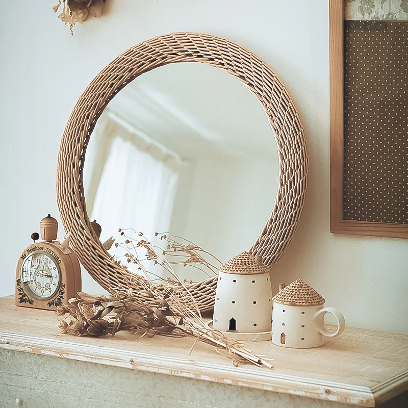 

Decorative Dressing Mirror зеркало Home Stay Rural Wind Simple Manual Rattan Makes Up Wall To Hang Elliptical Glass Mirrors