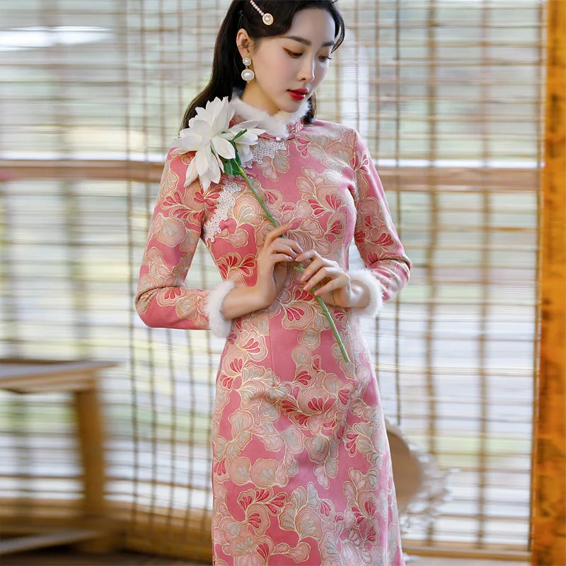 Winter Plus Velvet Thicken Slim Cheongsam Womem Fur Collar Vintage 2023 Qipao Ethnic Style Traditional Female Chinese Dress