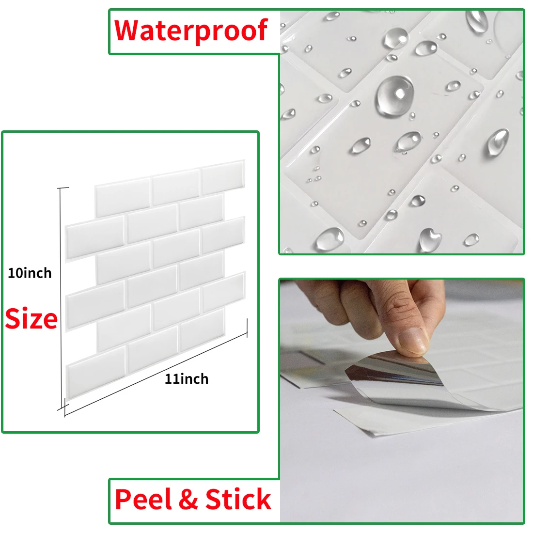 Self Adhesive Vinyl Wallpaper, 3D Metro Effect Kitchen Tiles, White Stick, Large Size, 10*11 Inch, 1 Sheet