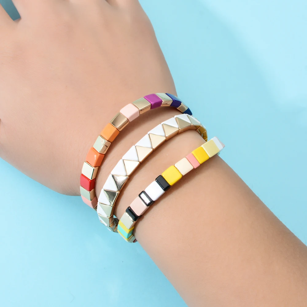 2024 Spring Boho Bracelet Handmade Friendship Braided Stackable Enamel Rainbow Tile Bracelet Fashion Street Photography Bangles