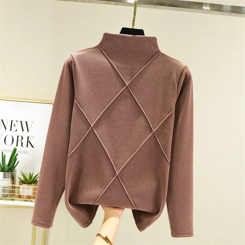 Double Sided Plush Half High Collar Bottomed Shirt Women 2021 Autumn Winter Long Sleeve Thick T-shirt Warm Thermal Flocking Top