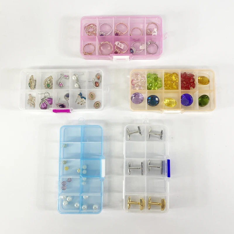 Caja de almacenamiento de plástico con 10 ranuras, contenedor con compartimentos ajustables para abalorios, pendientes, gemelos, anillos, color rosa, azul y naranja, 1 unidad