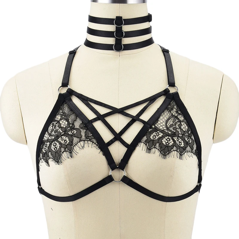 JLX.HARNESS Lace Sexy Lingerie Bra Black Goth Body Harness Cage Punk Woman Suspender Belt Bondage Harness Lace Bra