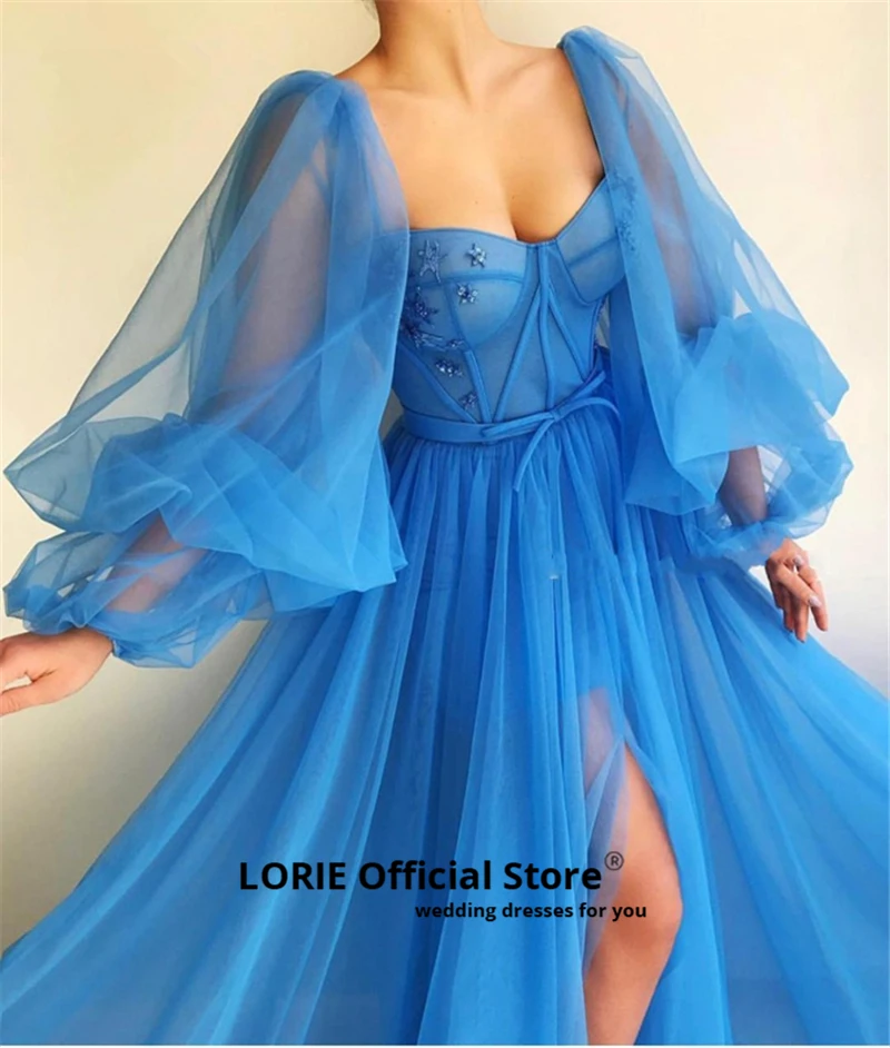 LORIE Blue Prom Dresses Sweeteart Appliques Long Puff Sleeves Tulle Split Arabic Evening Gown Corset Party Dress 2024 Customized