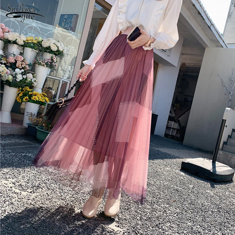 

Casual Multicolor Splice Mesh Stitching Pleated Skirt Spring Slim Fit A-line Fairy Skirt Elegant Chic Patchwork Cake Skirt 18384