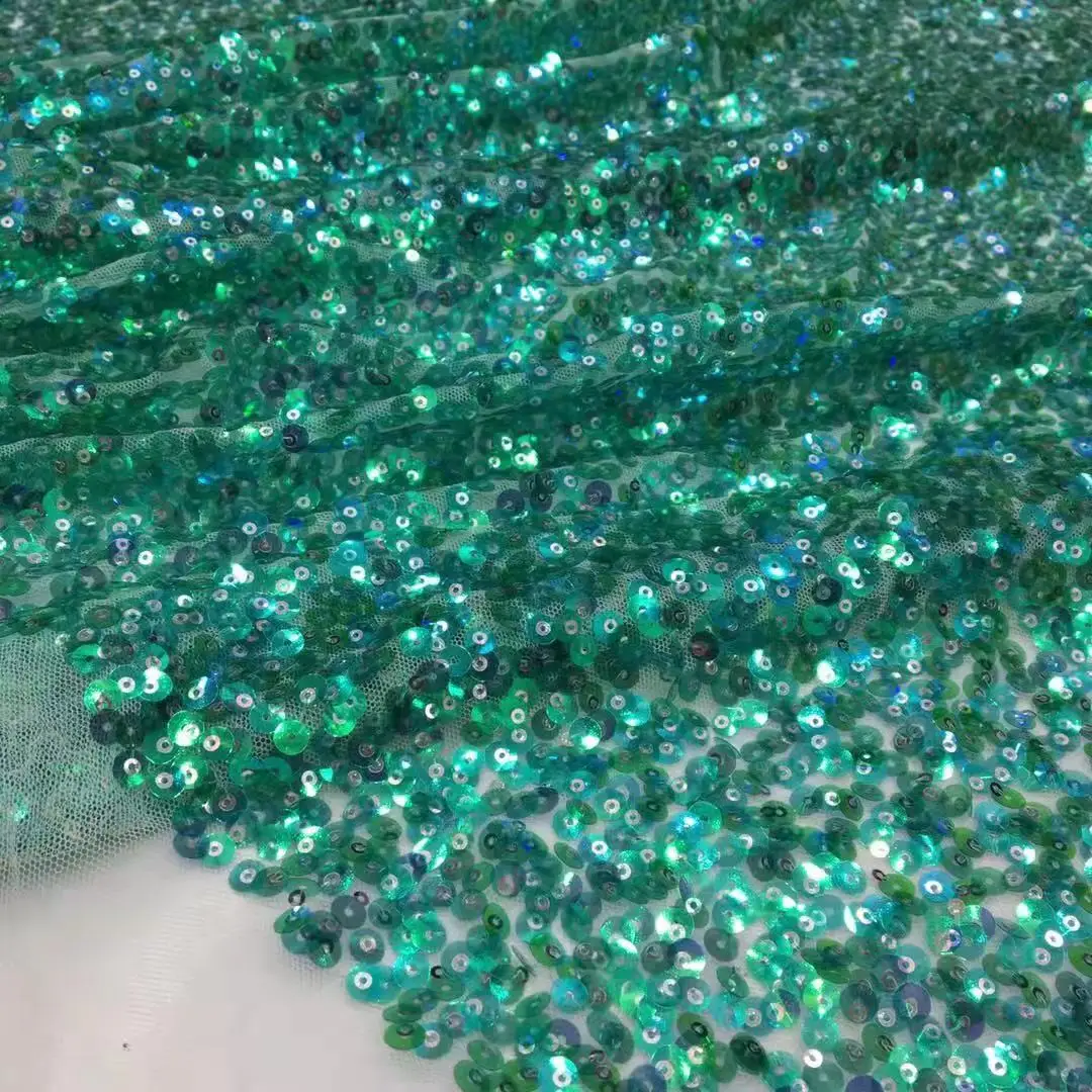 Shinny Material African Green Color Sequins  Net Lace Fabric Pretty Design JRB-20.5809 Embroidered Tulle Mesh for Party Dress