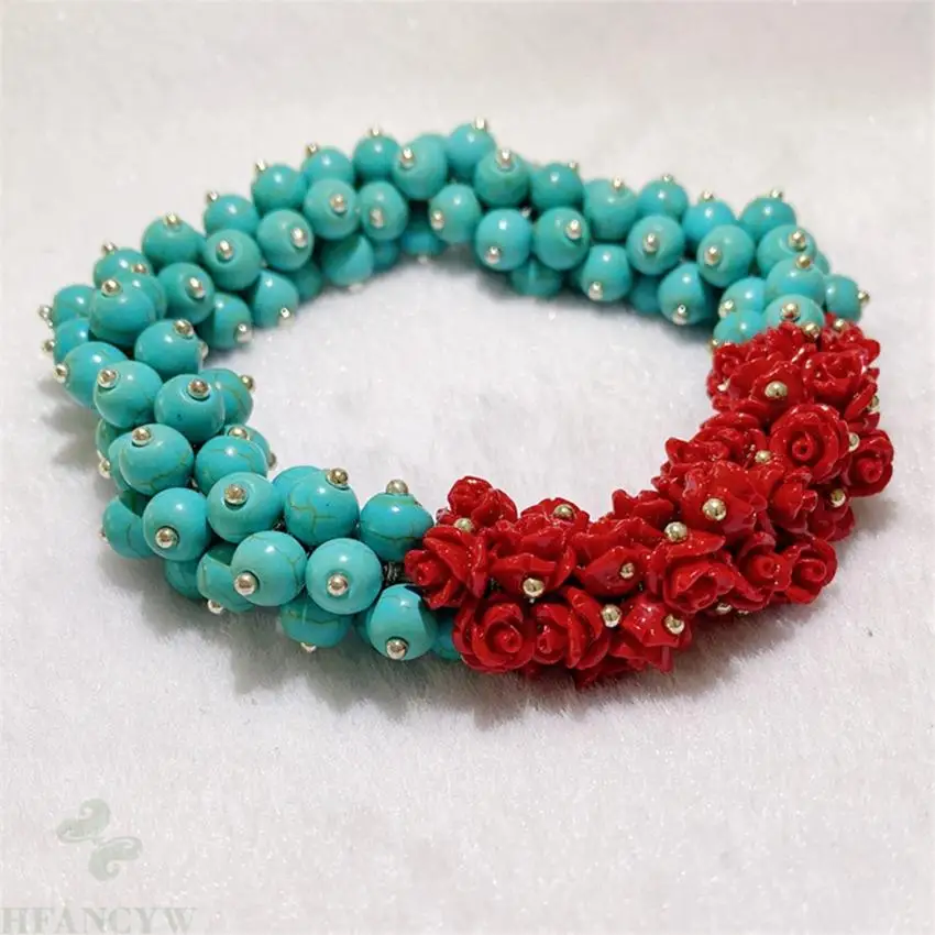 

4-5mm beads Natural Turquoise Red Coral Stretch Bracelet Yoga Fancy Bless Pray Cuff Men's Classic Meditation Lucky Reiki Prayer