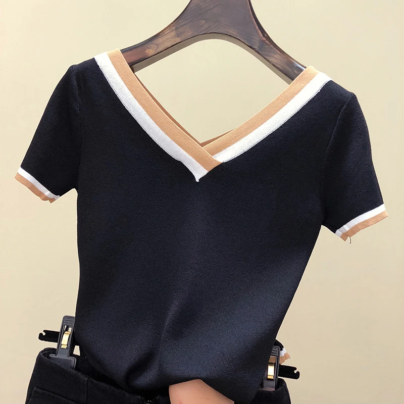 

2022 Women T Shirt Contrast Color Striped Knitted Top Mujer Casual V-Neck Short Sleeve Tees Summer Woman Clothes Tee Shirt Femme