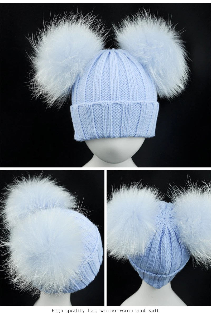 JX Watcher Winter Doppel Echtpelz Pom Pom Hut für Kinder Baby Strick mützen mit zwei Pelz Pompons Jungen Mädchen hochwertige Mütze Mütze – Detail 37