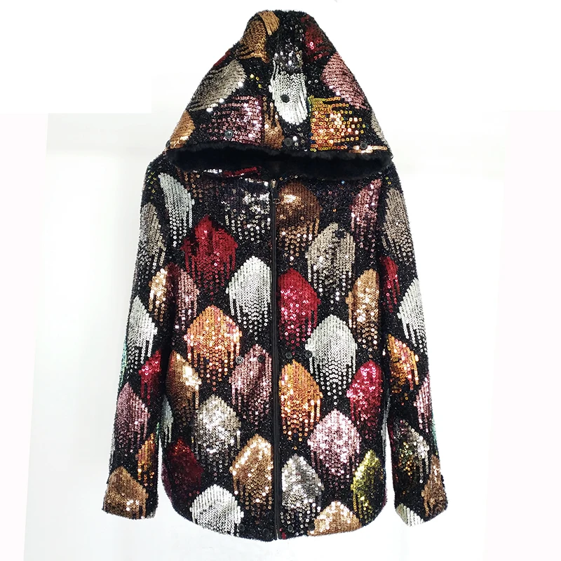 2021 New Parker Hooded Fashion Luxury Jacket Color Sequins Autumn/Winter Long Sleeve Jacket