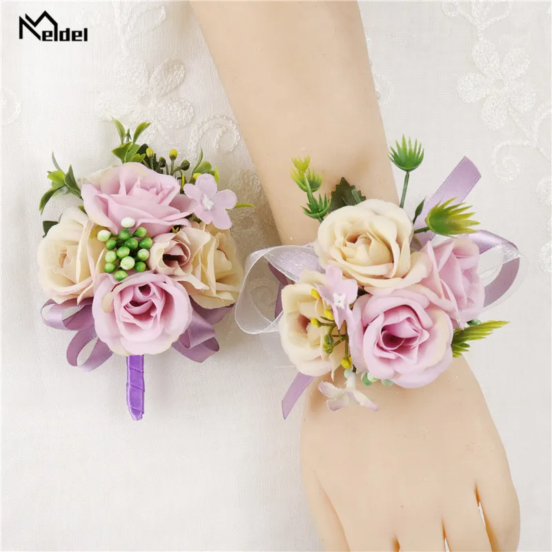 Meldel-ramillete de muñeca para boda, pulsera de flores de seda para damas de honor, brazaletes de boda, flores de mano, Boutonniere para padrinos de boda