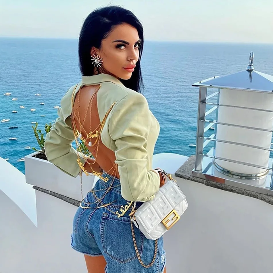 Seksowny dwuczęściowy zestaw damski ciężki przemysł ciężki niestandardowe złote łańcuszki Backless Blazer & Crystal zestaw spodni kobieta 2020 moda