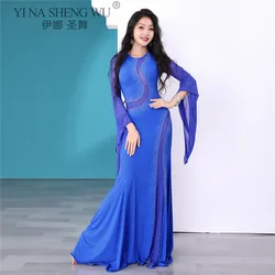 Vestido de danza del vientre con cuello redondo para mujer, falda larga delgada, mangas acampanadas, ropa de competición, ropa de práctica de rendimiento elegante, nuevo