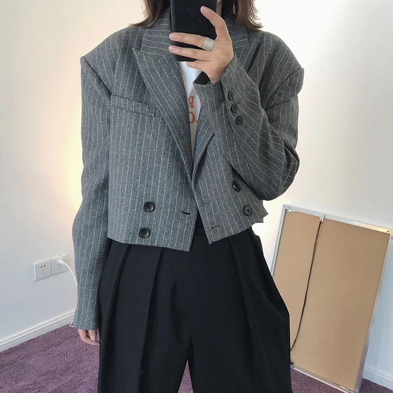 TWOTWINSTYLE Striped Short Tops For Women Notched Collar Long Sleeve High Waist Casual Korean Blazer Female New Clothing 2020