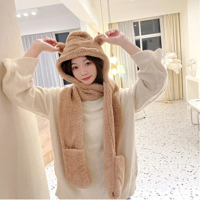 Winter Hats For Women Thicken Warm Fluffy Bear Ear Hat Gloves Scarf One Three-piece Double Layer Plush Beanie Caps Scarves Gorra