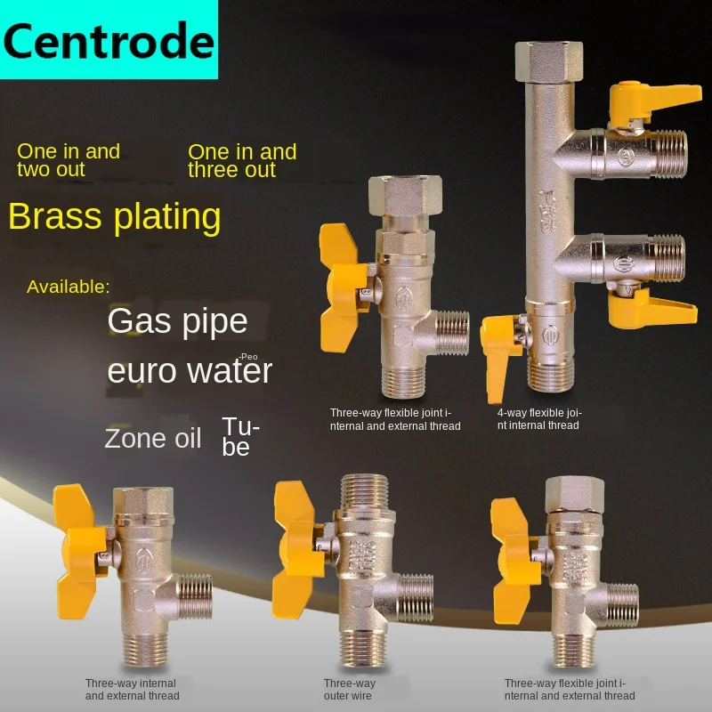 1/2 3/4 IN brass three-way gas ball valve switch one in two out live connection internal and external wire natural gas connector