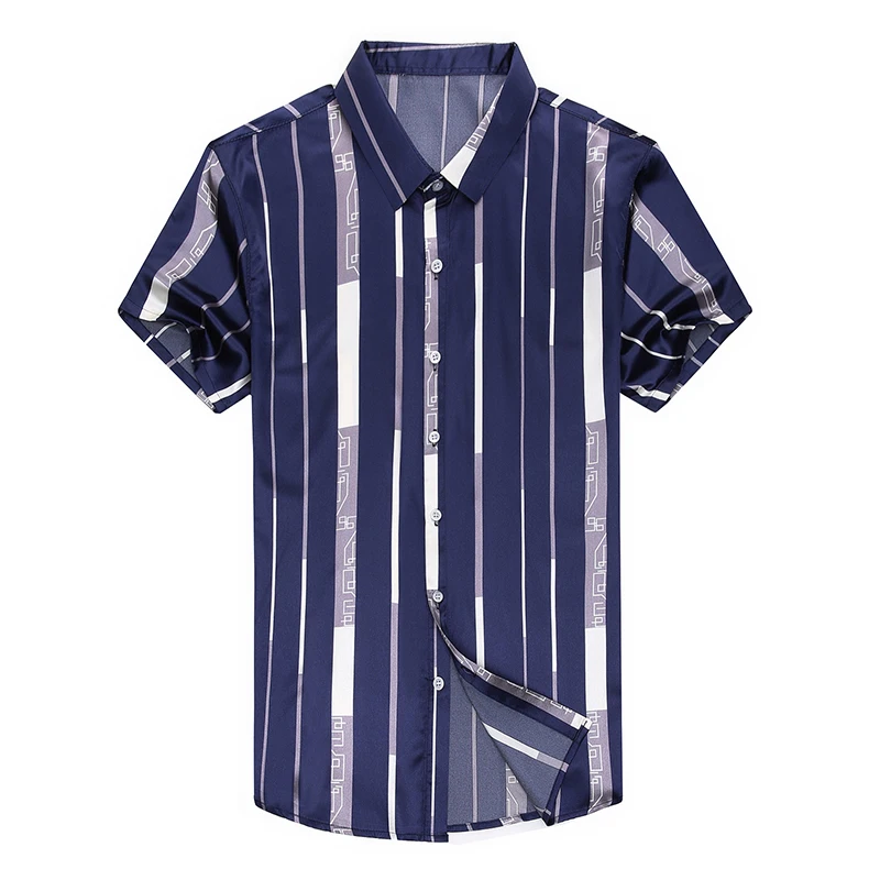 New 2020 Summer Male Silk Clothes Fashion Striped Silk Shirt Short Sleeve Mens Casual Satin Silk Dress Shirts