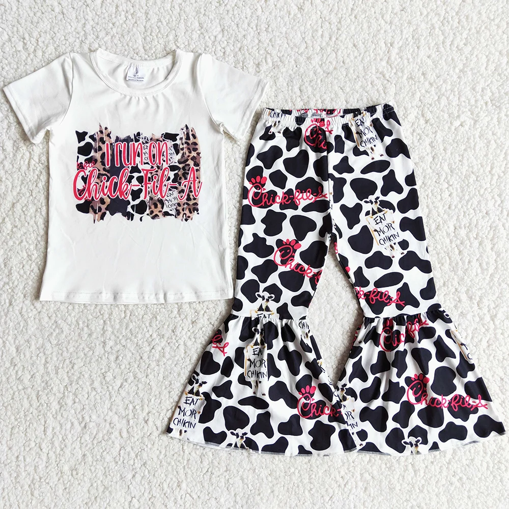 New Fashion Kids Designer Clothes Girls Boutique Outfit Cute Cow Print Baby Girl Clothes Bell Pants Sets Wholesale Kids Clothing