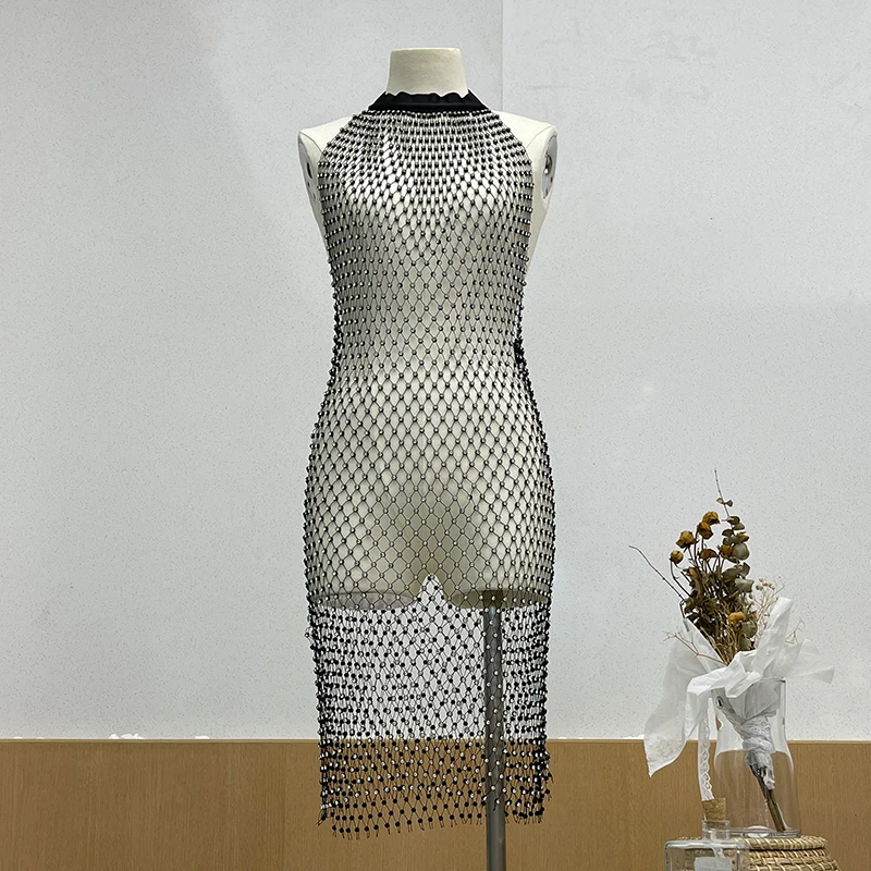 H80&S90 New Hollow Out Elastic Mesh Rhinestone Sleeveless Bodycon Dress Crystal Dimaond Shiny Women Fashion Sexy Backless Dress