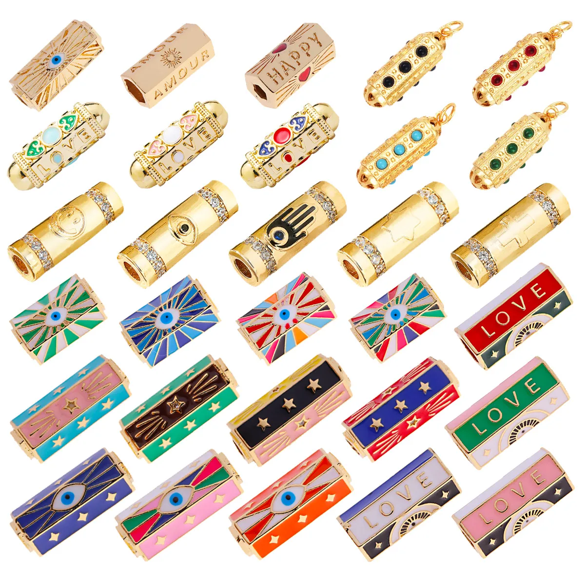 Love Amour Happy Dream Bullet Hexagonal Beads Tube Spacor Enamel Metal Brass Based Hand knotting Making Supplies Men's Bead