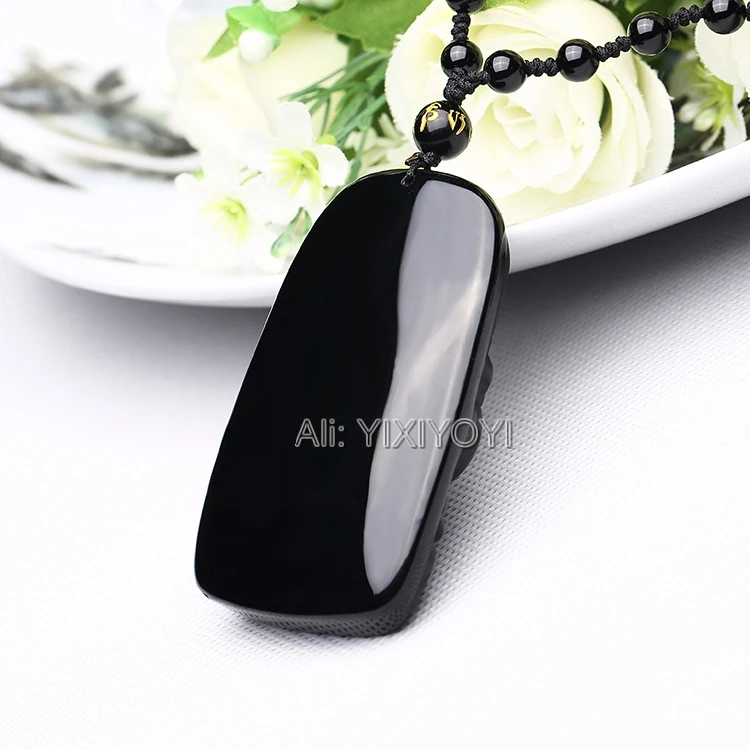 Natural Black Obsidian Hand Carved Chinese ZhongKui The Ghost Catcher Amulet Pendant + Beads Necklace Fashion Jewelry