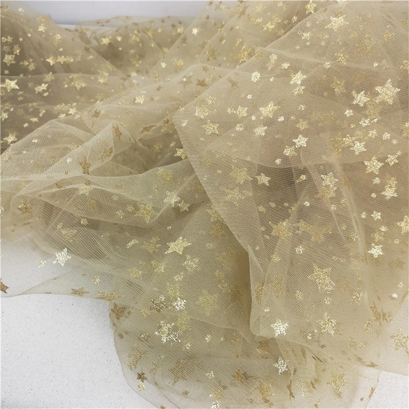 Print Gold Small Stars Tulle Lace Fabric Glitter Mesh for Party Dress, Tutu Dress, Evening Ball Gown, Veil suply