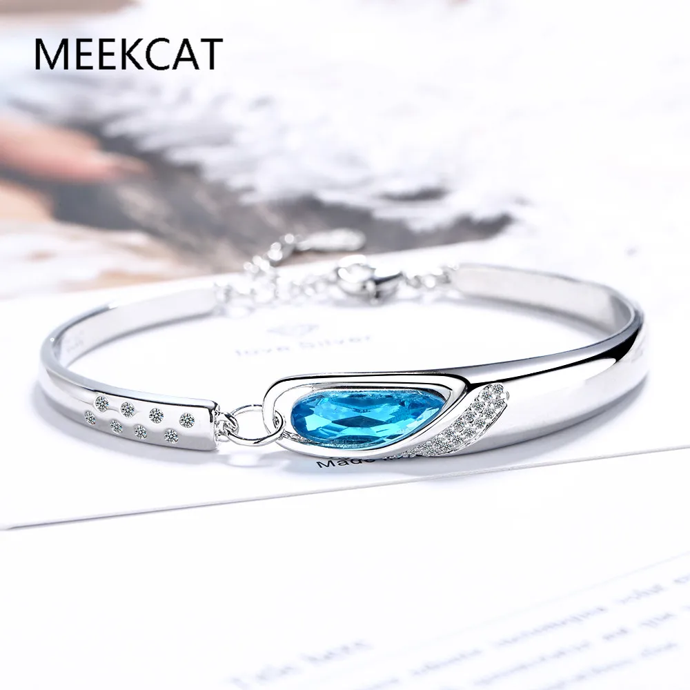 Genuine 925 Sterling Silver Sapphire Bracelets for Women Silver 925 Jewelry Pulseira Feminina Bizuteria Blue Topaz Girls