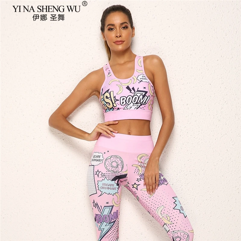 Donne stampa Cartoon Pattern Boom Running Yoga tute abbigliamento sportivo pantaloni a vita alta Fitness Harajuku Sports Set palestra allenamento