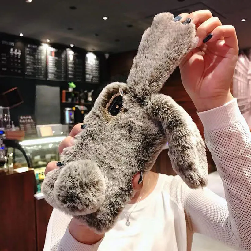 Cute Rabbit Ears Fur Plush Phone Case For Huawei P40 Pro P30 Lite P20 P10 Mate 20 10 P smart 2019 2021 Shockproof tpu Back Cases