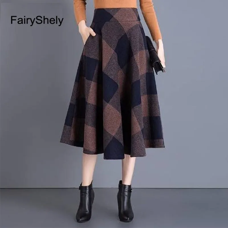 FairyShely 2024 Autumn Winter High Waist Umbrella Pleat Skirt Women Casual Pocket Woolen Grid Skirt Female Knee Plaid Skirt