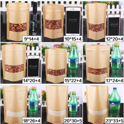 100pcs Kraft Paper Bag Zip Lock Bag with Window Tea Packaigng Bag Sachet Kraft Bag Packaging for Nuts Snacks Sweets