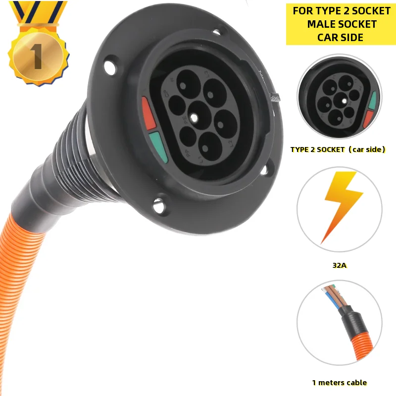 EVSE Type 2 Male Socket with Cable for Electric Vehicle Car side Charger IEC 62196 Type 2 Socket EV Charger Socket 32A 0.5meters