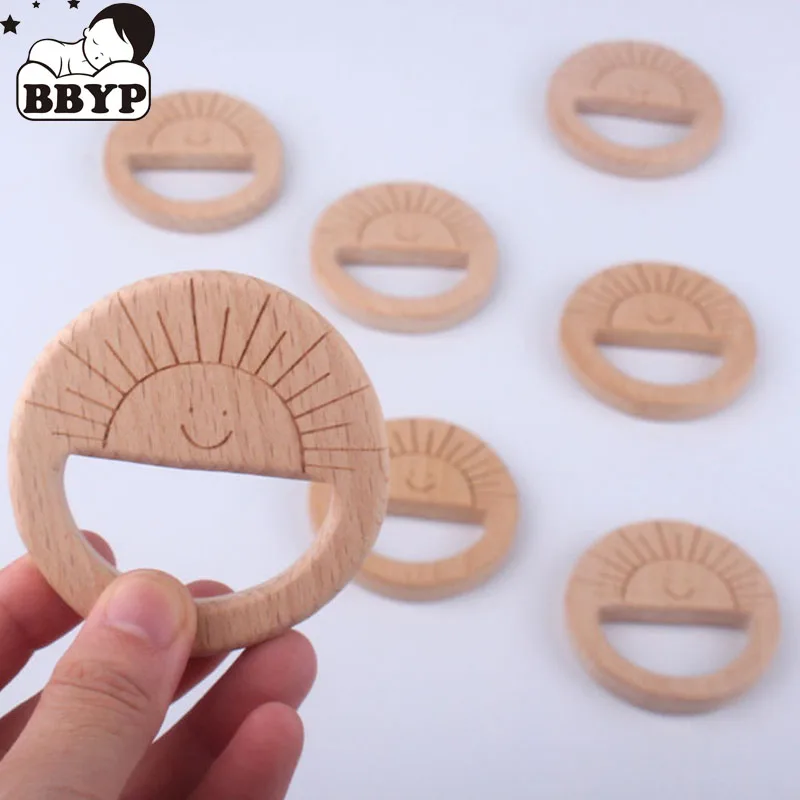 1-10Pc Baby Teether Wristband Pacifier Chain Pendant Beech Wooden Sun BPA Free Wood Teething Ring Pendant Accessories Kid's Gift