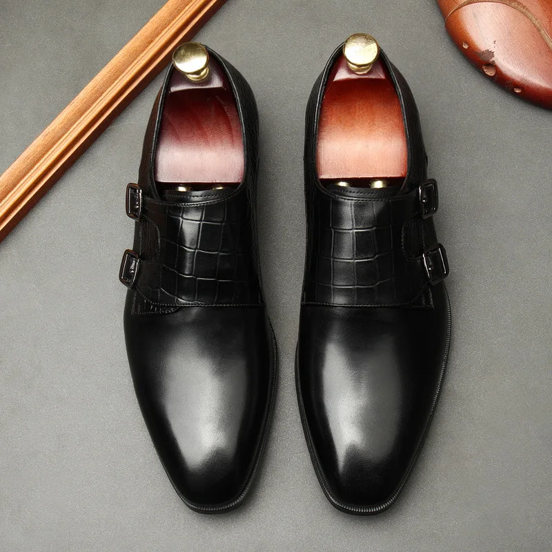 Genuine Leather Dress Men Shoes Black Wedding Shoes Trendy Buckle Round Toe Mens Quality Business Office Work Shoes Szie 37-45