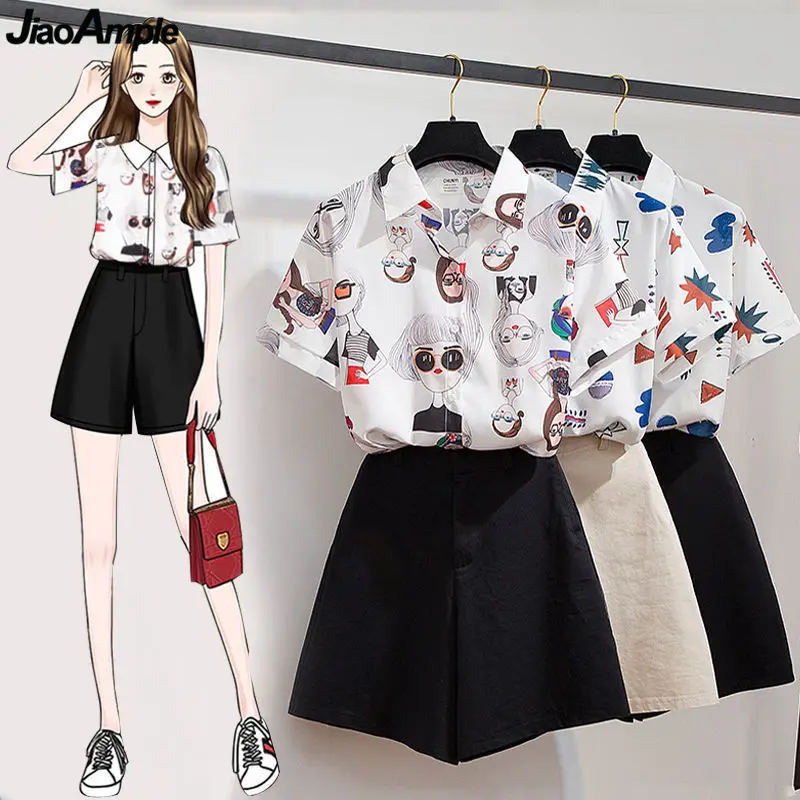 

2023 Summer Fashion Cartoon Print Shirt Shorts Set Women Leisure Cozy Two-Piece Clothing Sets Girls Short Sleeve Blouser Outfits