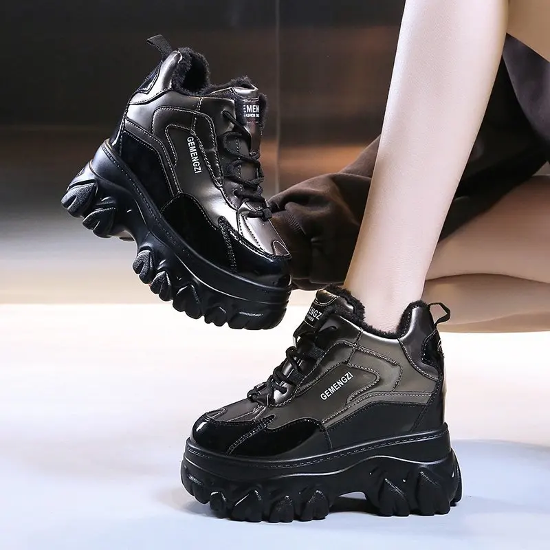 Winter Lace Up Wedges Casual Shoes Women Silver Chunky Sneakers 11cm Platform Boots Tenis Walking Shoes Trainers Dad Shoes Woman