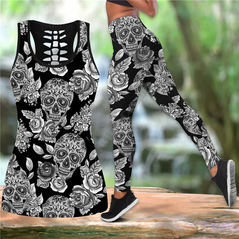 

Skull Flower Tattoos Combo Outfit Leggings and Hollow out Tank Top Suit Yoga Fitness Soft Legging Summer Women For Girl