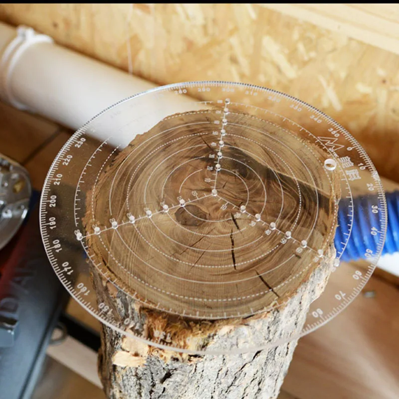 Regla de centrado de carpintería transparente, ángulo de 360 grados, línea central redonda, trazado, calibre de diseño, herramienta de bricolaje para carpintería
