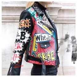 Autunno primavera locomotiva graffiti cartoon pu giacca in pelle stile Punk femminile era sottile giacche moto cappotto con cintura F1962