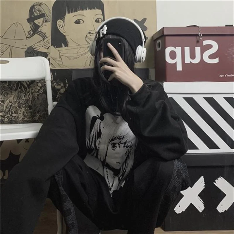 

2021 autumn and winter Korean version ins Harajuku ghost horse series cartoon print loose half high collar plus velvet long slee