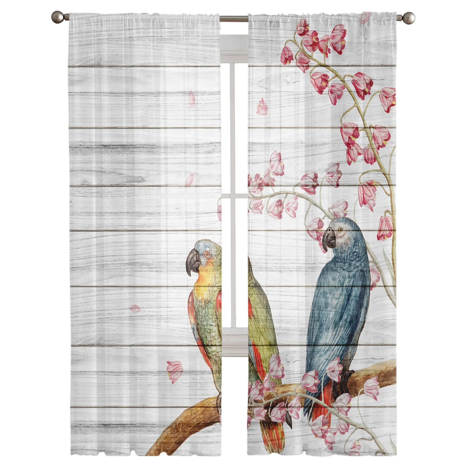 Parrot Flowers On Wooden Board Curtain For Living Room Transparent Tulle Curtains Window Sheer For The Bedroom Accessories Decor