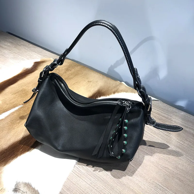 Simple casual luxury natural genuine leather ladies black shoulder bag summer daily outdoor work soft cowhide  party handbag