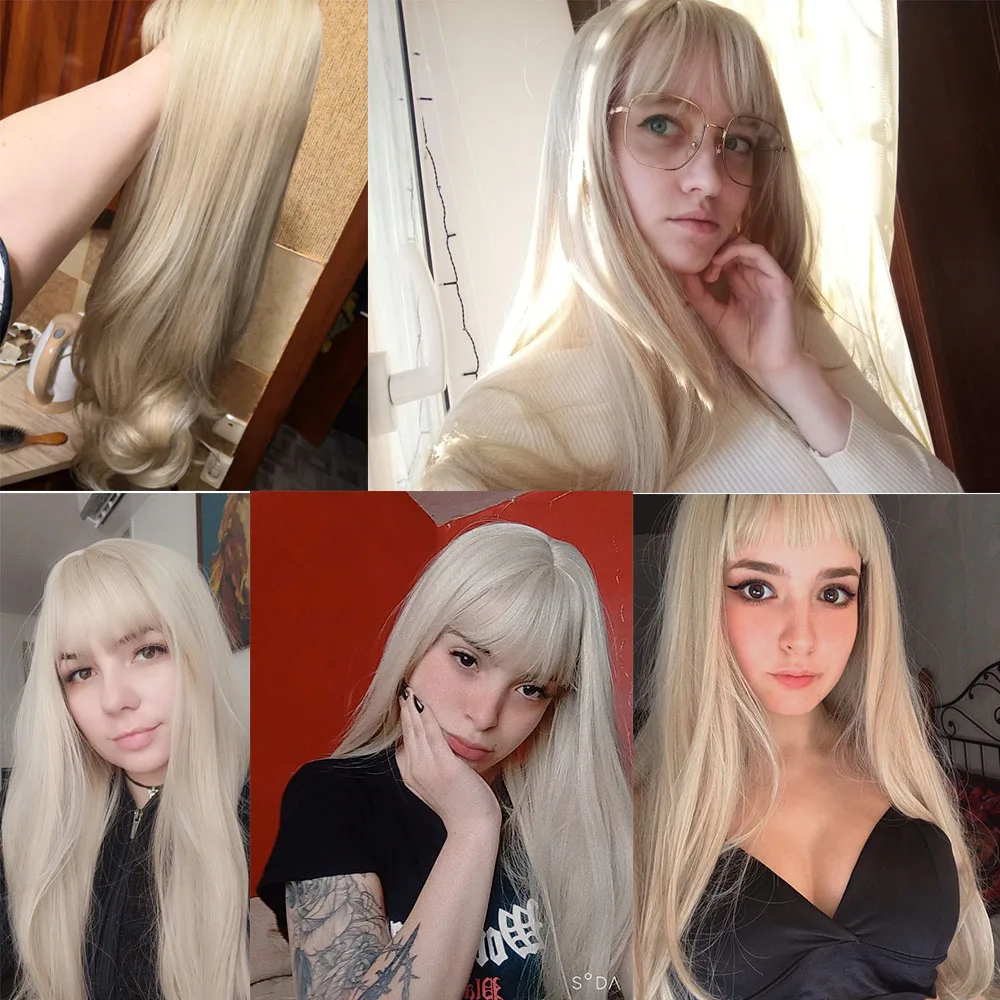 HENRY MARGU Long Platinum Blonde Wavy Synthetic Wigs for Women Natural Cosplay Party Wigs with Bangs Heat Resistant Daily Wigs